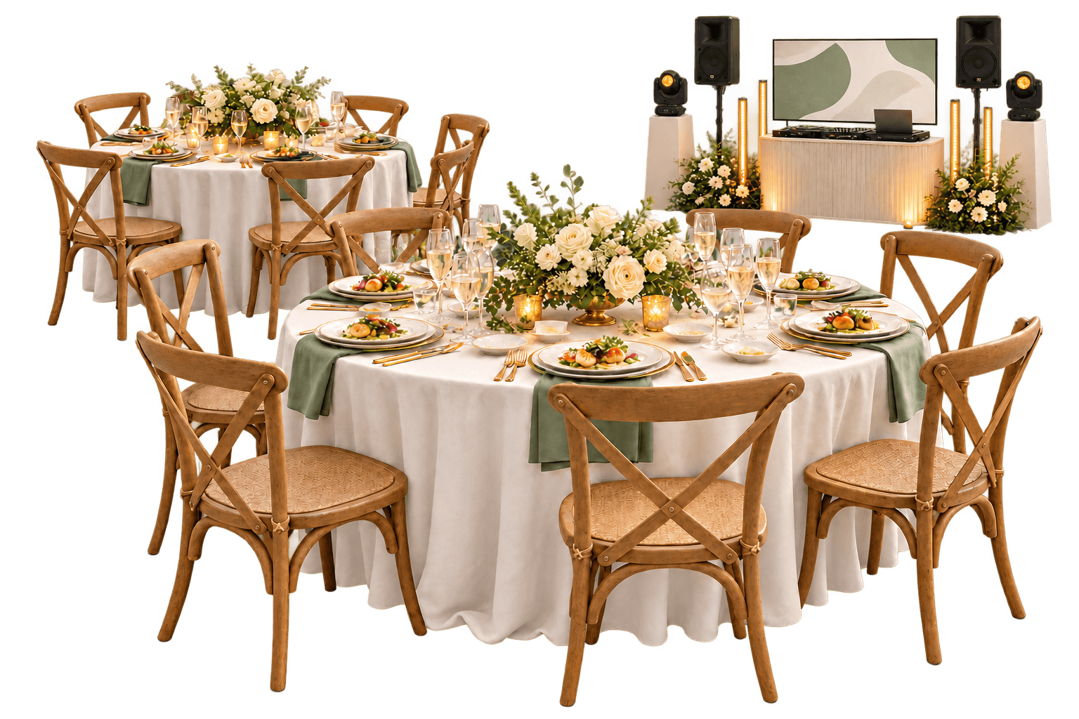 Ilustración de mesas para boda con catering, DJ, pantalla e iluminación de CATELO y LUCENA