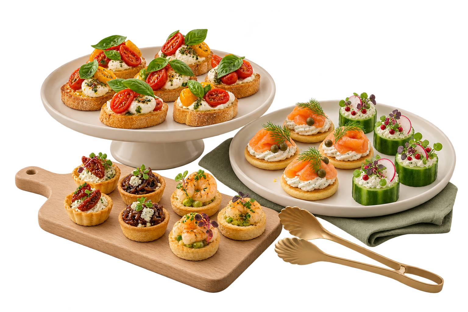Ilustración de bocadillos y canapés salados en bandejas marfil para eventos de CATELO
